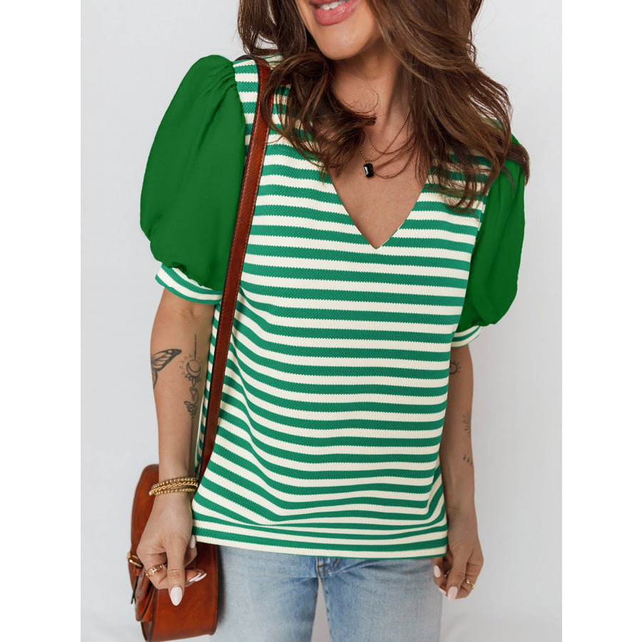 Striped Puff Sleeve V-Neck Blouse Apparel and Accessories
