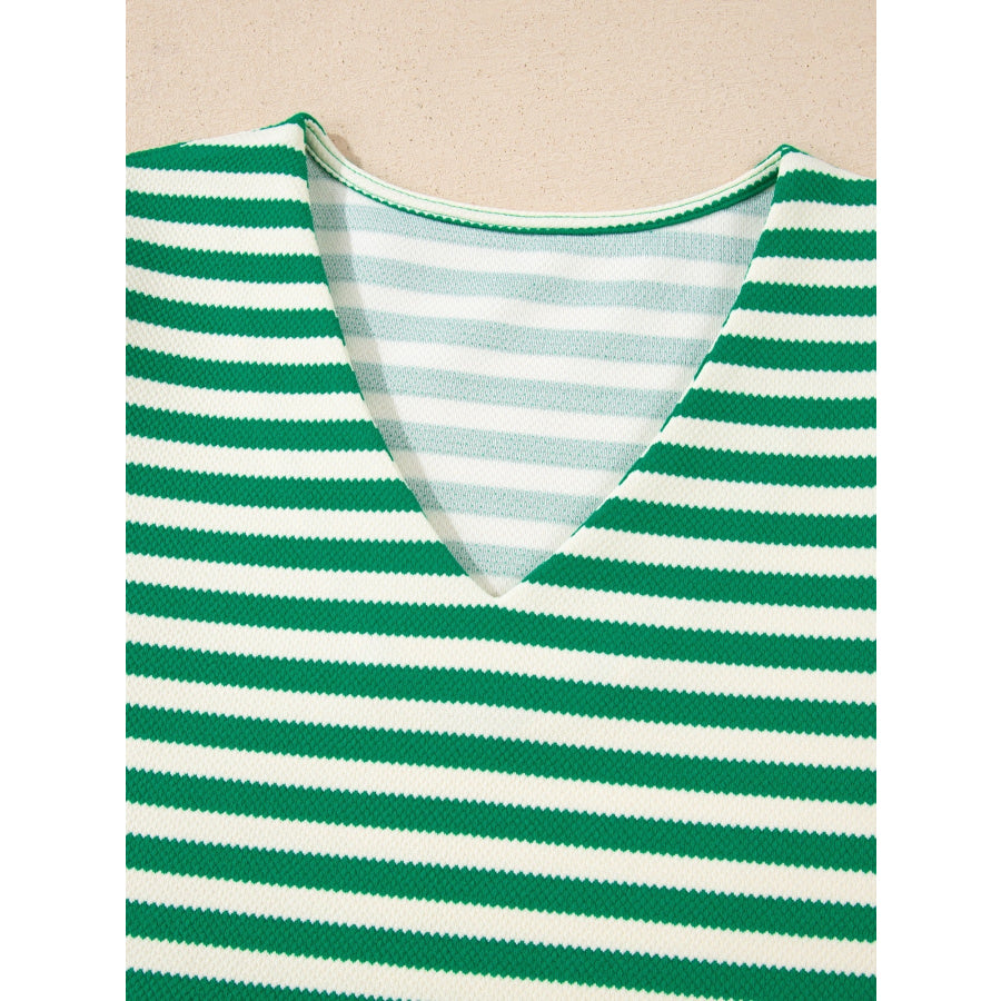 Striped Puff Sleeve V-Neck Blouse Apparel and Accessories