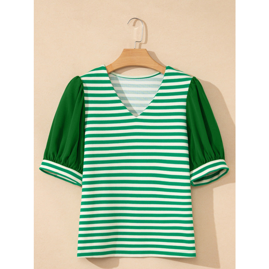 Striped Puff Sleeve V-Neck Blouse Apparel and Accessories