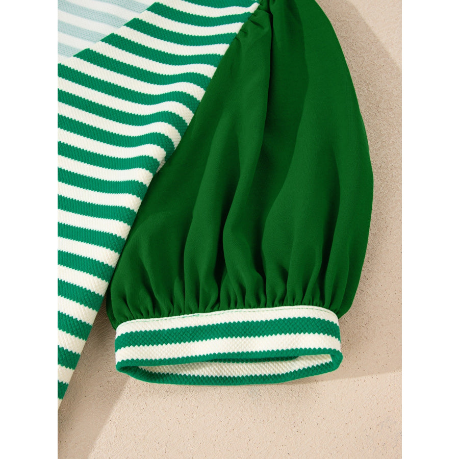 Striped Puff Sleeve V-Neck Blouse Apparel and Accessories