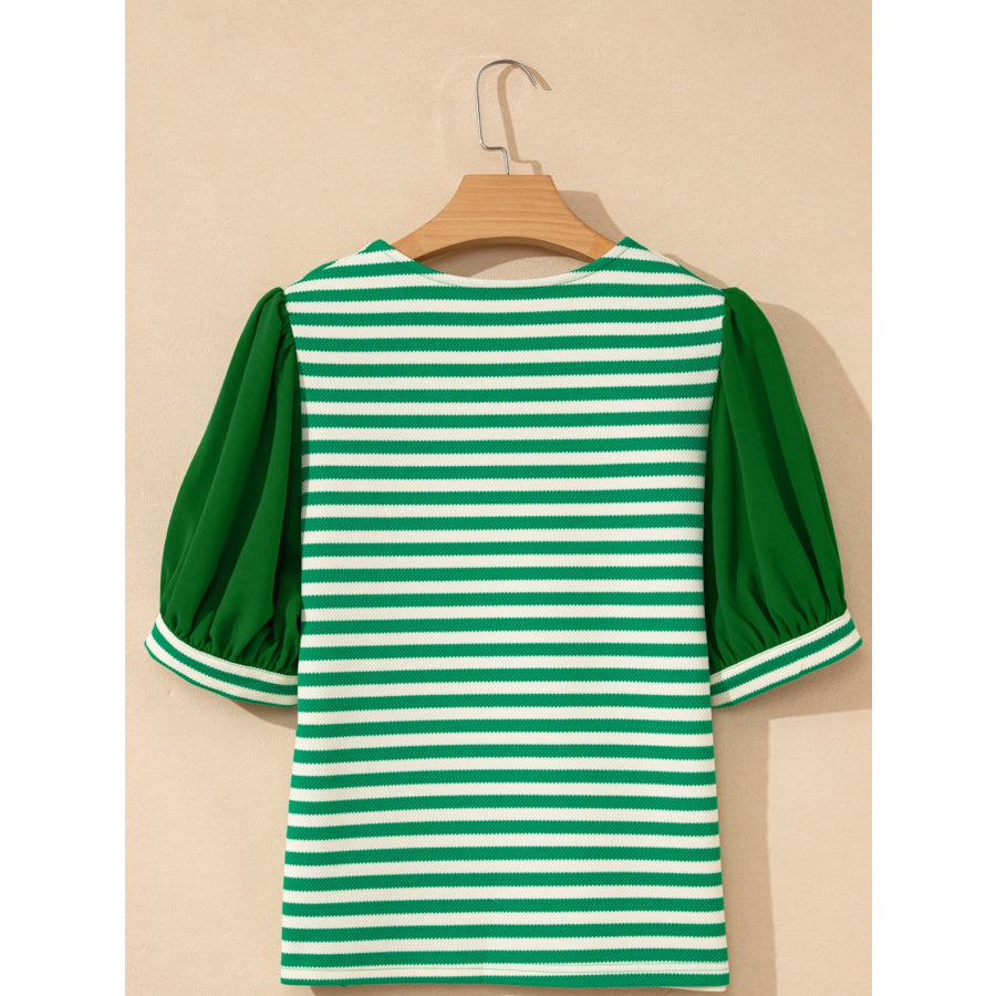 Striped Puff Sleeve V-Neck Blouse Apparel and Accessories