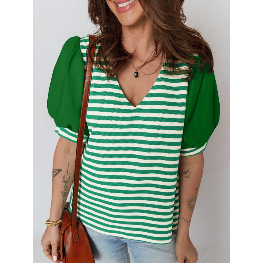 Striped Puff Sleeve V-Neck Blouse Green / S Apparel and Accessories