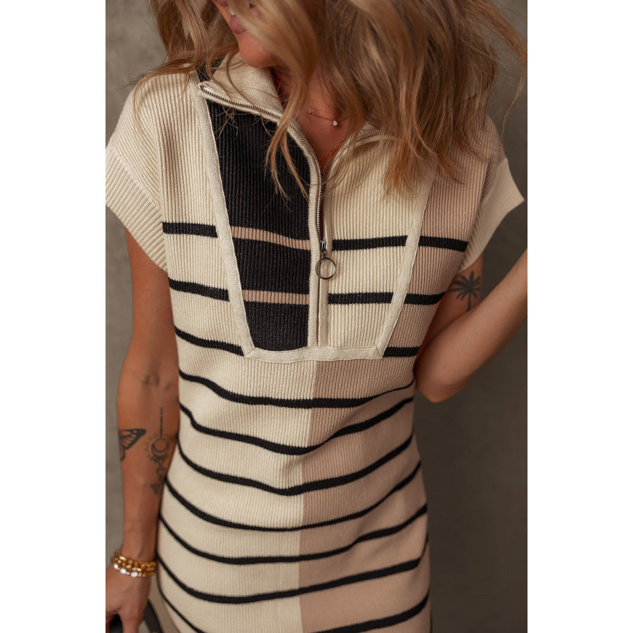 Striped Quarter Zip Cap Sleeve Sweater Dress Apparel and Accessories