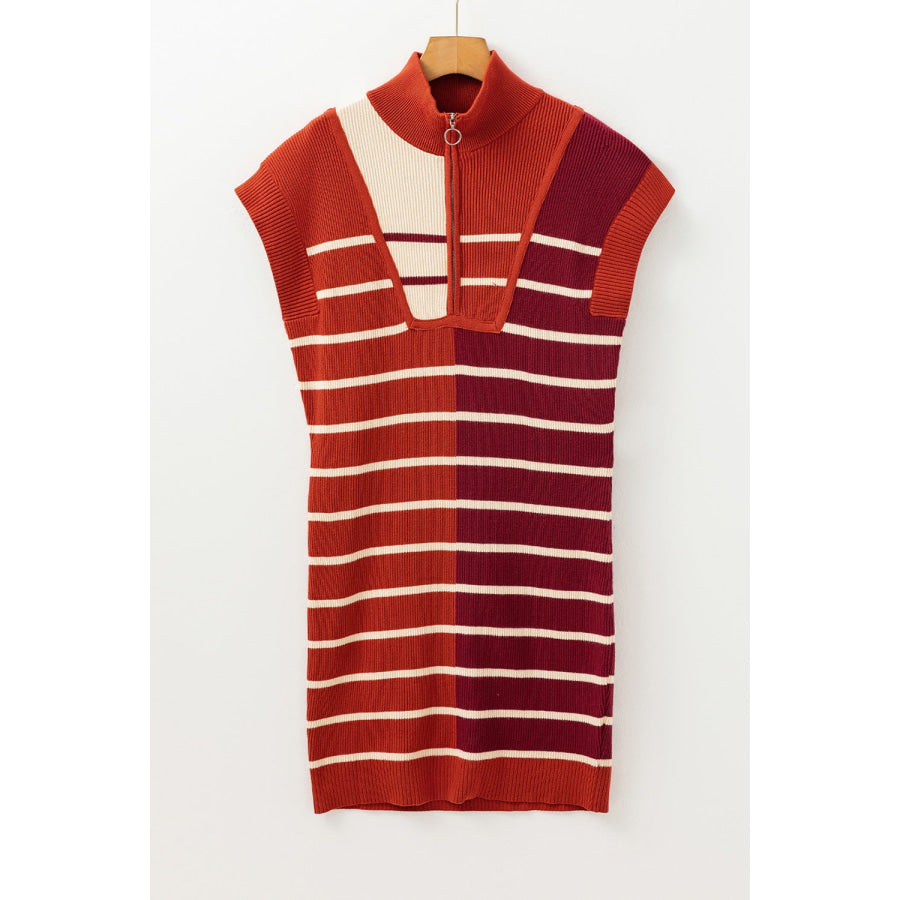 Striped Quarter Zip Cap Sleeve Sweater Dress Apparel and Accessories