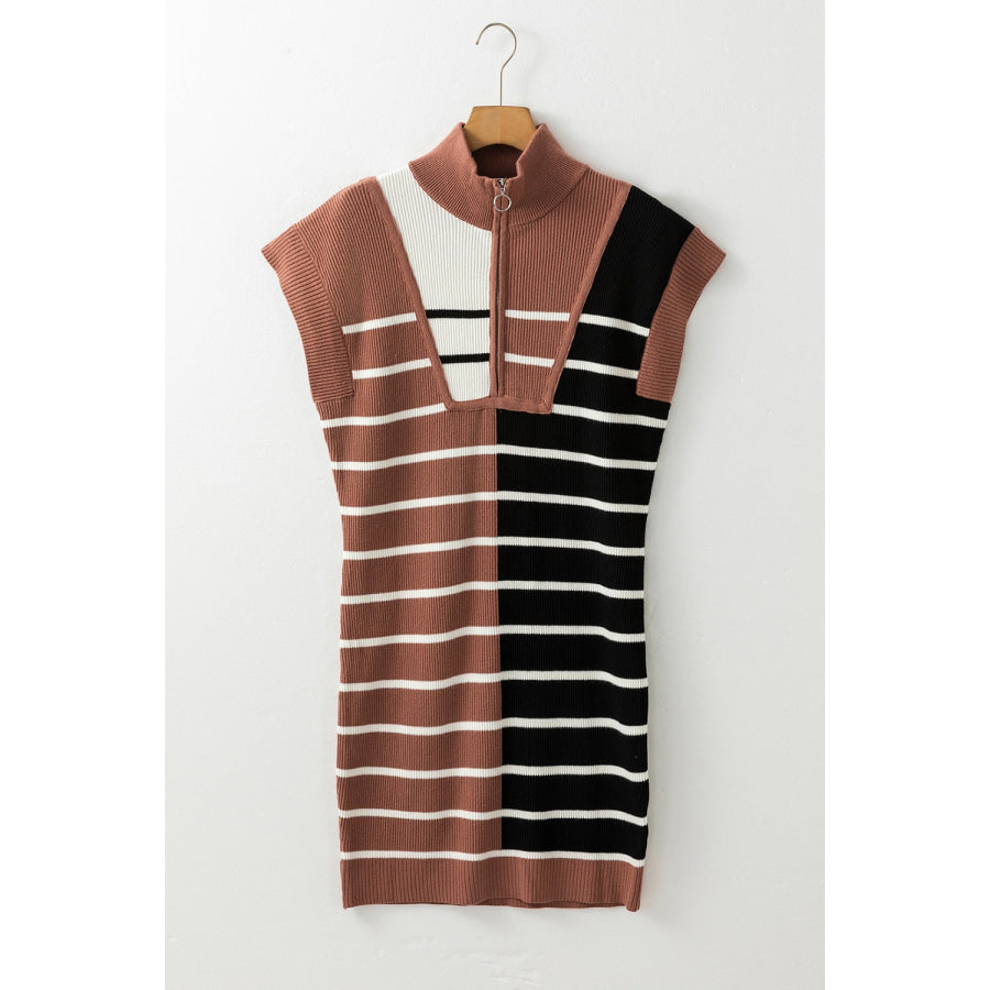 Striped Quarter Zip Cap Sleeve Sweater Dress Apparel and Accessories