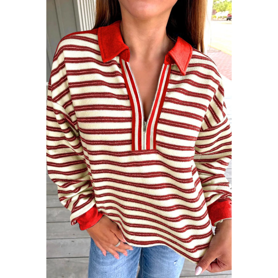 Striped Quarter-Zip Collar Sweatshirt Deep Red / S Apparel and Accessories