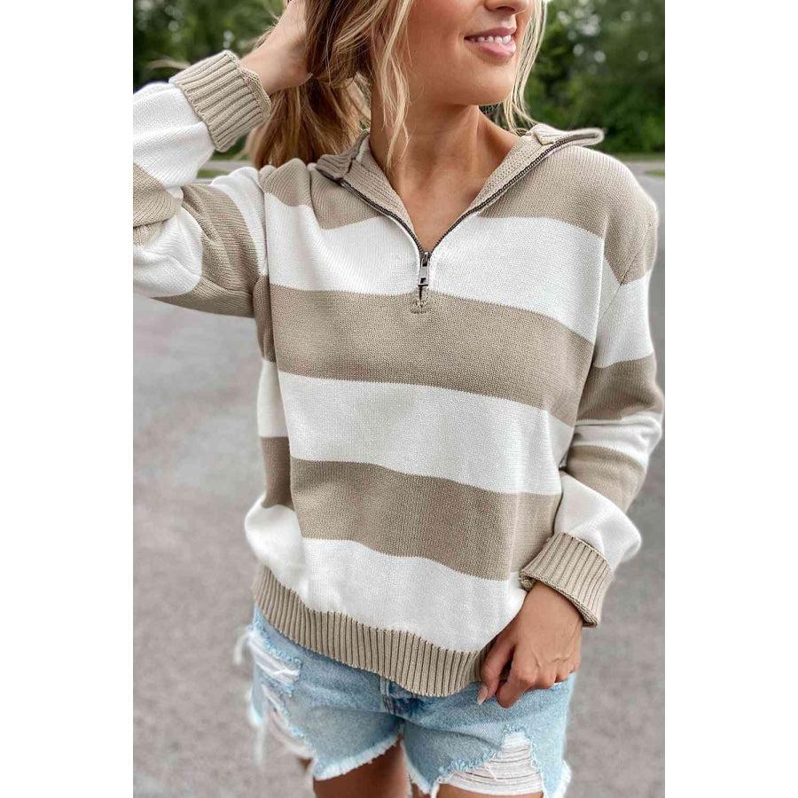 Striped Quarter - Zip Collared Sweater Apparel and Accessories