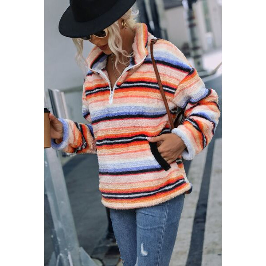 Striped Quarter Zip Dropped Shoulder Sweatshirt Apparel and Accessories