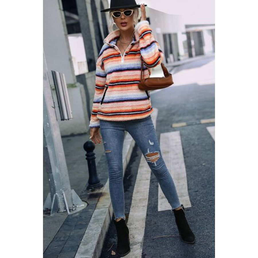 Striped Quarter Zip Dropped Shoulder Sweatshirt Apparel and Accessories