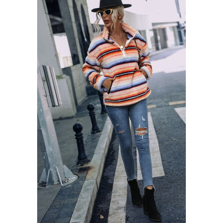 Striped Quarter Zip Dropped Shoulder Sweatshirt Apparel and Accessories