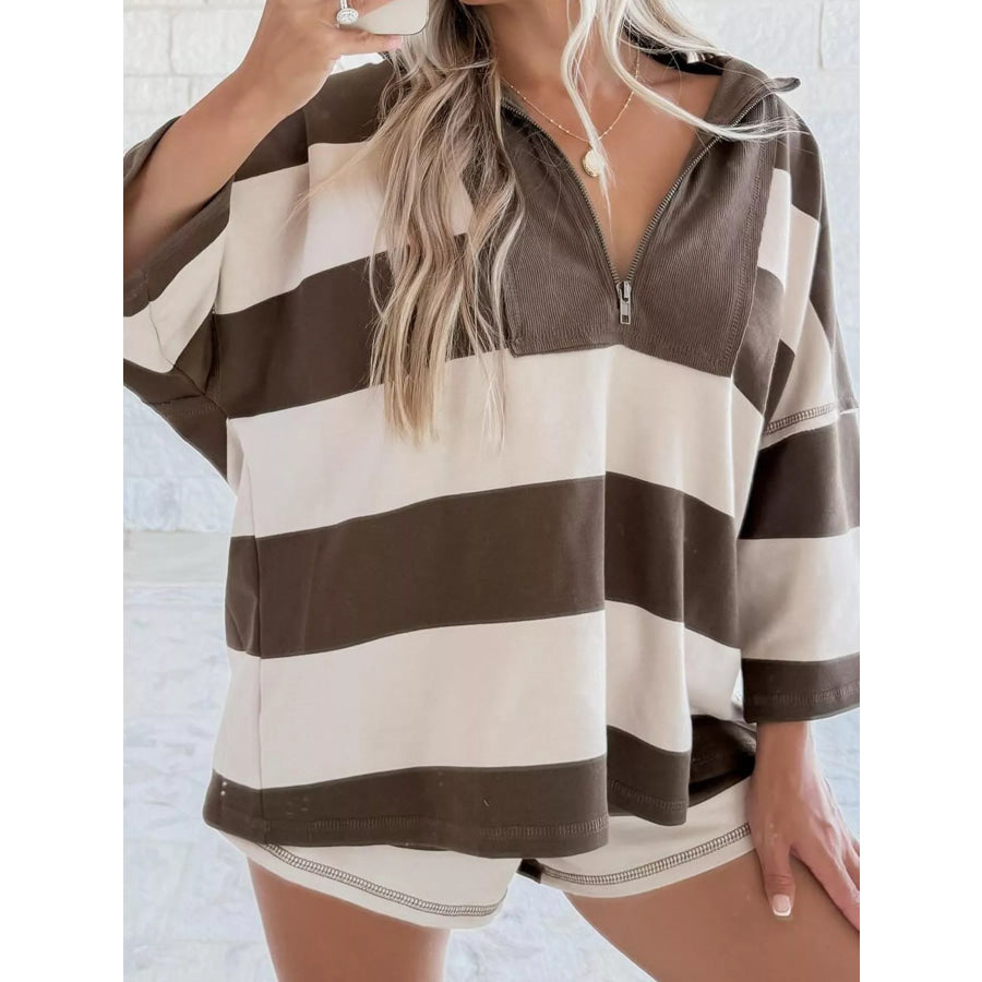 Striped Quarter-Zip Long Sleeve Sweatshirt Chocolate / S Apparel and Accessories