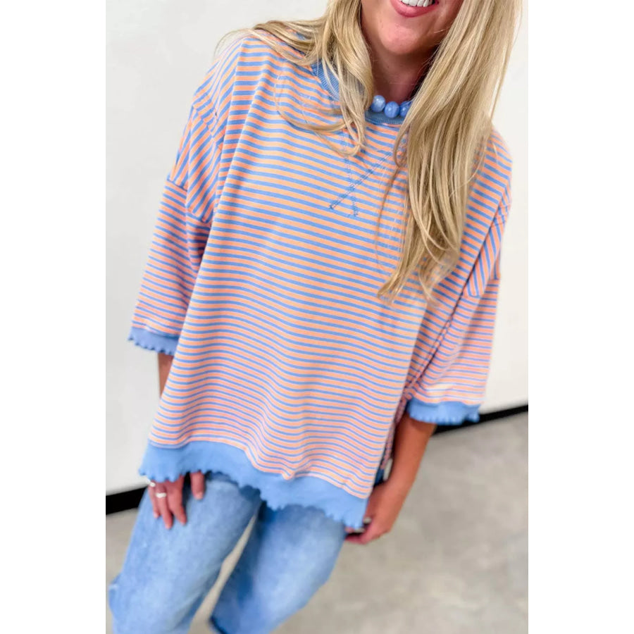 Striped Raw-Edge Casual Blouse Lavender / S Apparel and Accessories