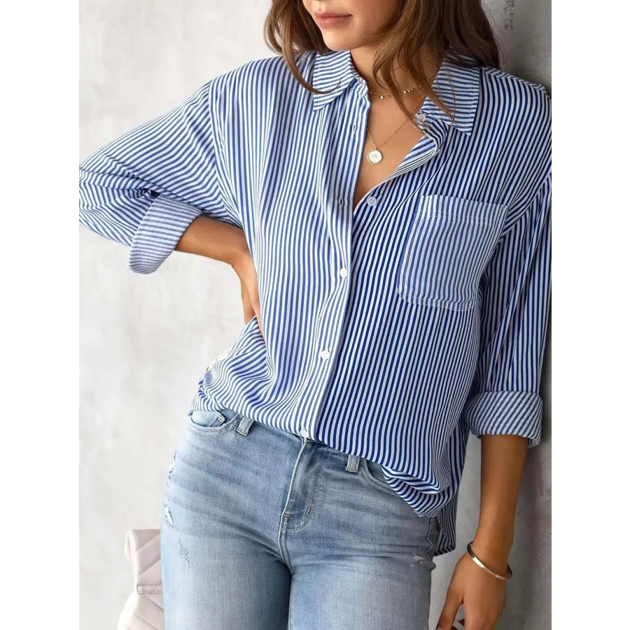 Striped Relaxed Fit Button Up Shirt Blue / S Apparel and Accessories