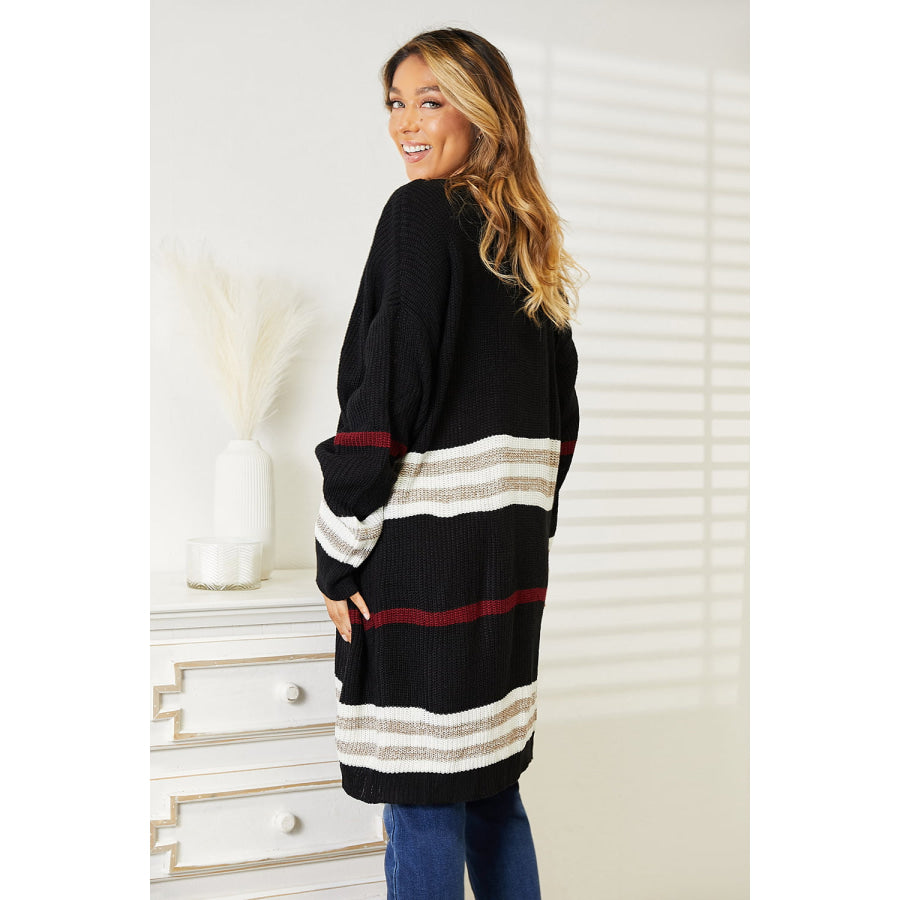 Striped Rib-Knit Drop Shoulder Open Front Cardigan Apparel and Accessories