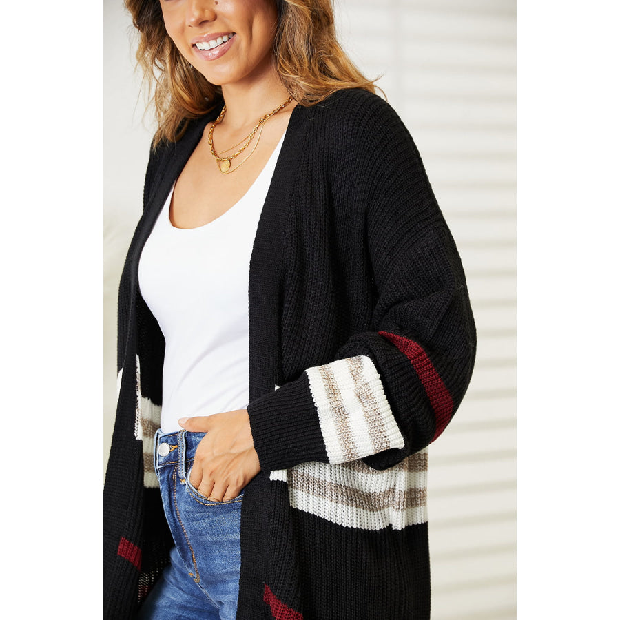 Striped Rib-Knit Drop Shoulder Open Front Cardigan Apparel and Accessories