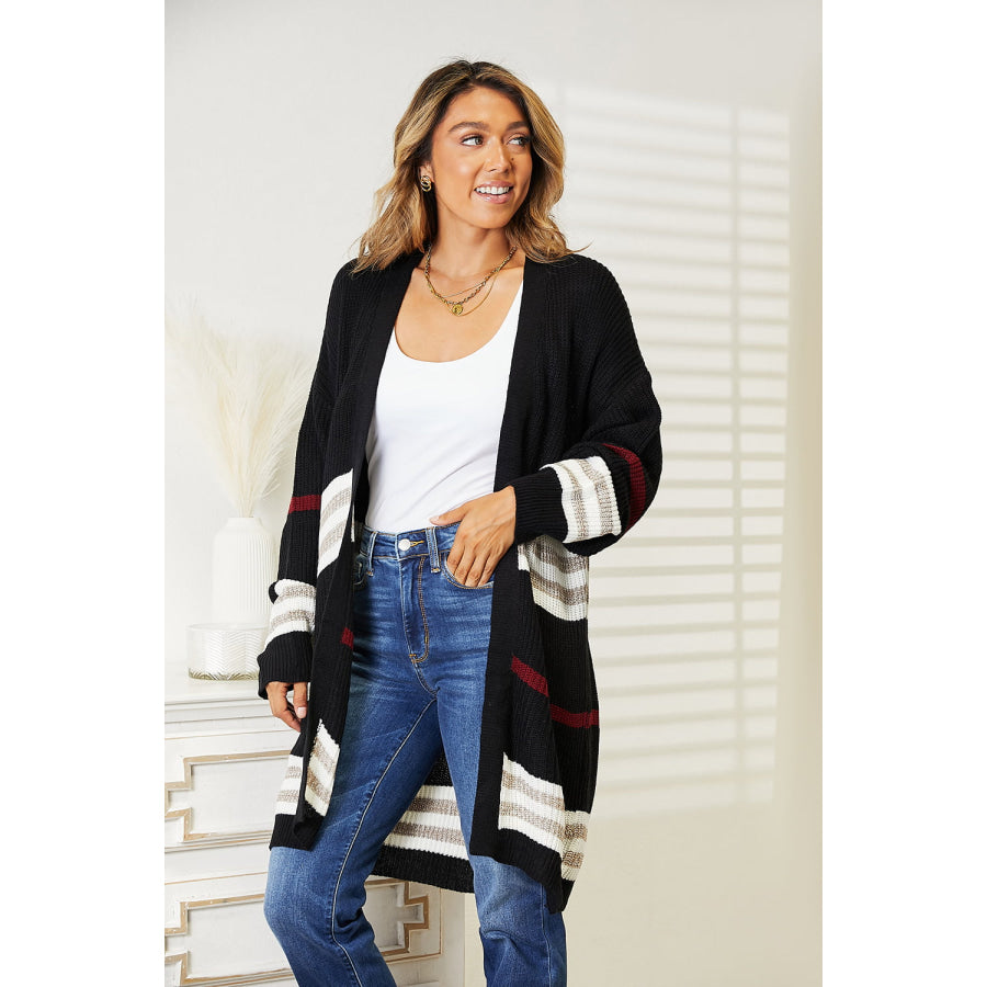 Striped Rib-Knit Drop Shoulder Open Front Cardigan Apparel and Accessories