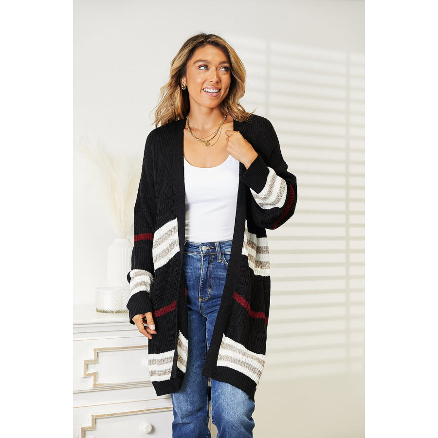 Striped Rib-Knit Drop Shoulder Open Front Cardigan Black / S Apparel and Accessories