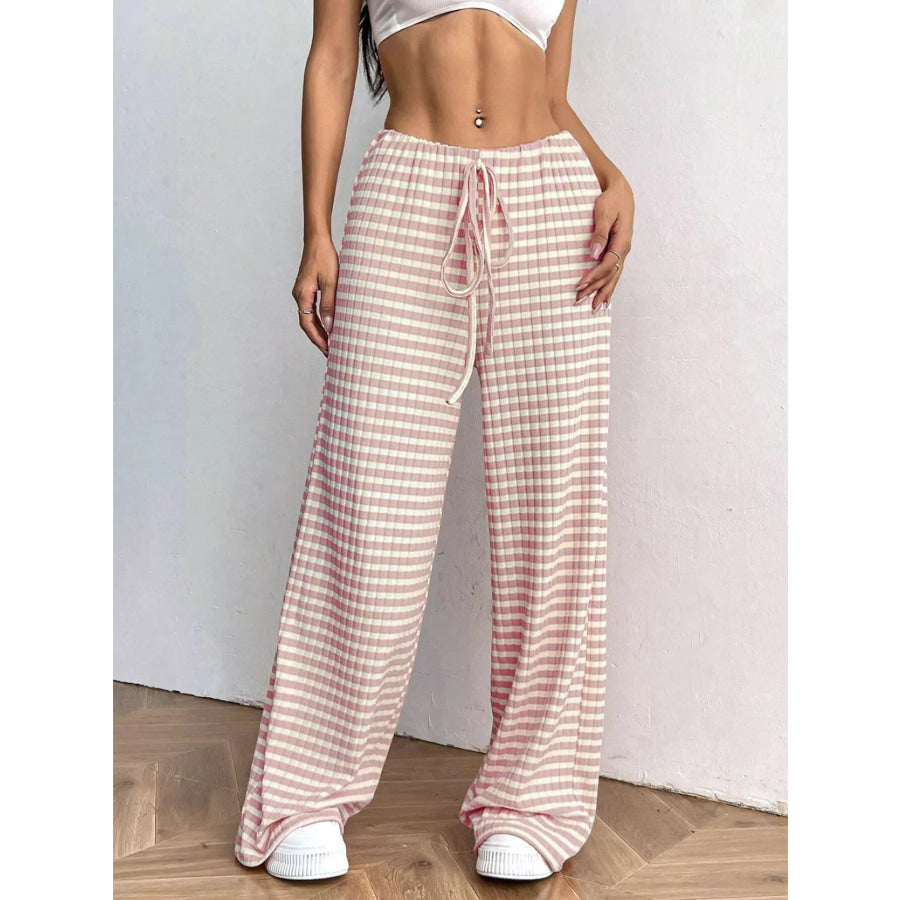 Striped Ribbed Knit Drawstring Waist Wide Leg Pants Apparel and Accessories