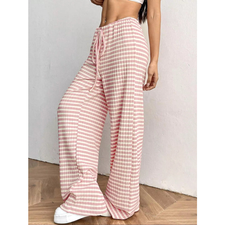 Striped Ribbed Knit Drawstring Waist Wide Leg Pants Pink / S Apparel and Accessories