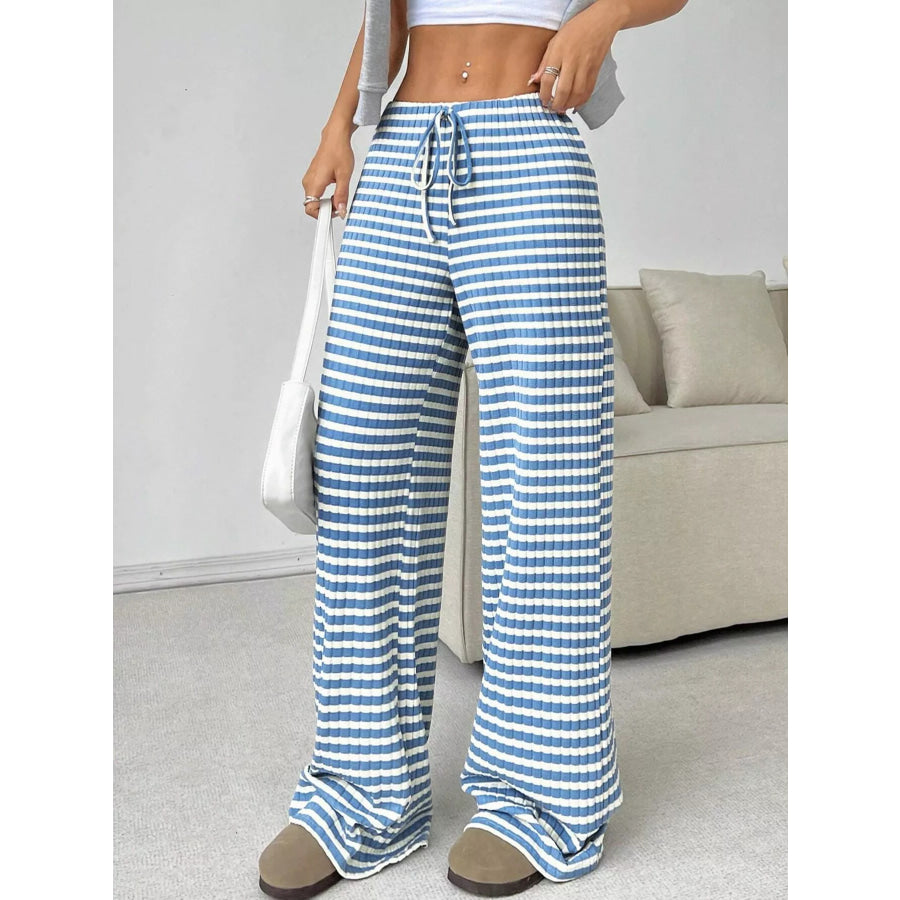 Striped Ribbed Knit Drawstring Waist Wide Leg Pants Apparel and Accessories