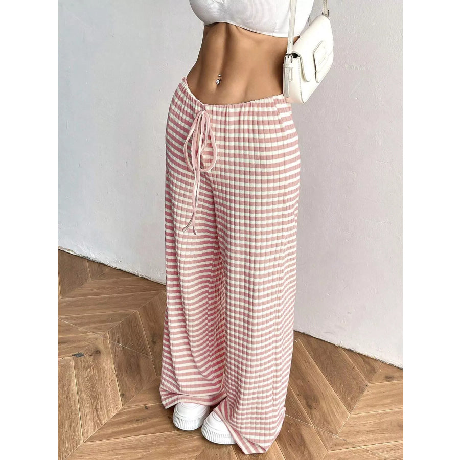 Striped Ribbed Knit Drawstring Waist Wide Leg Pants Apparel and Accessories