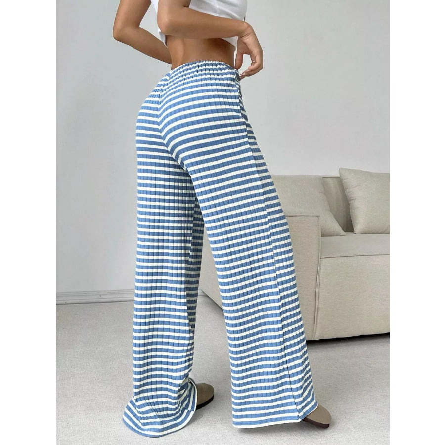 Striped Ribbed Knit Drawstring Waist Wide Leg Pants Apparel and Accessories