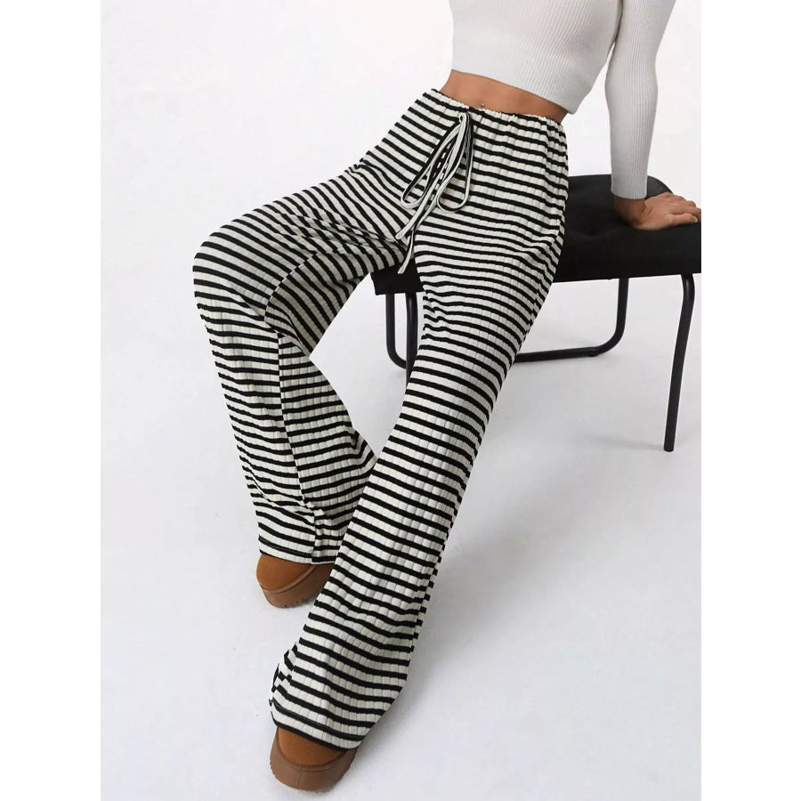 Striped Ribbed Knit Drawstring Waist Wide Leg Pants Apparel and Accessories