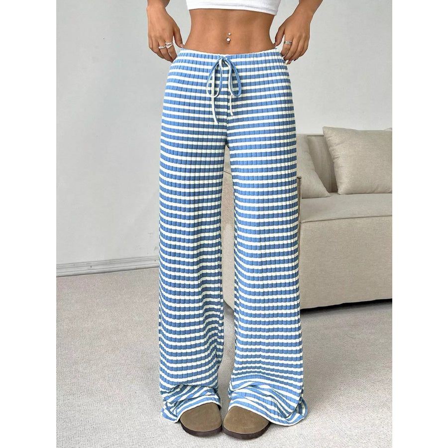 Striped Ribbed Knit Drawstring Waist Wide Leg Pants Light Blue / S Apparel and Accessories