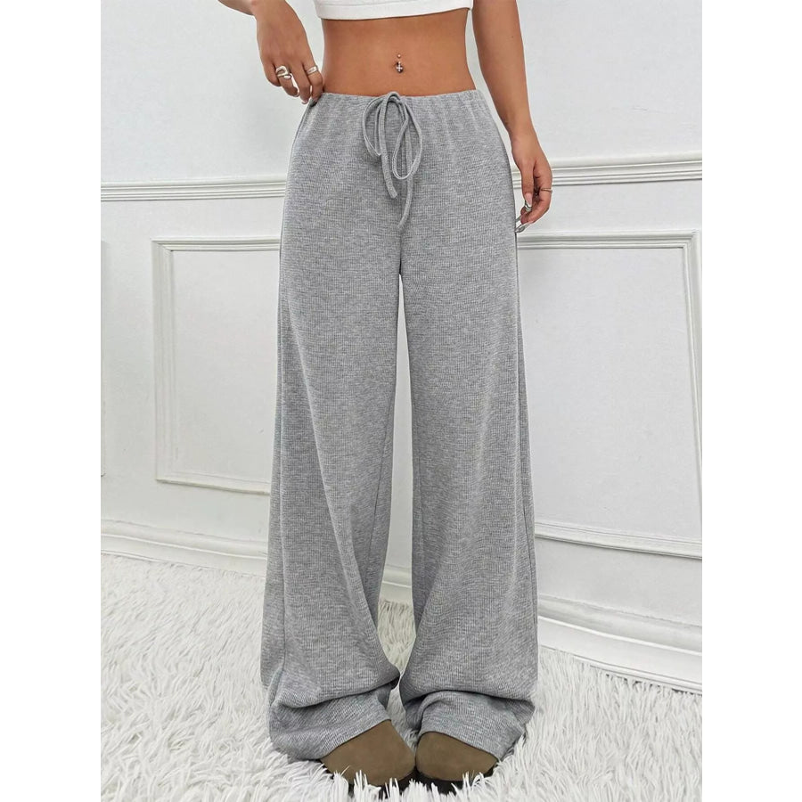 Striped Ribbed Knit Drawstring Waist Wide Leg Pants Light Gray / S Apparel and Accessories