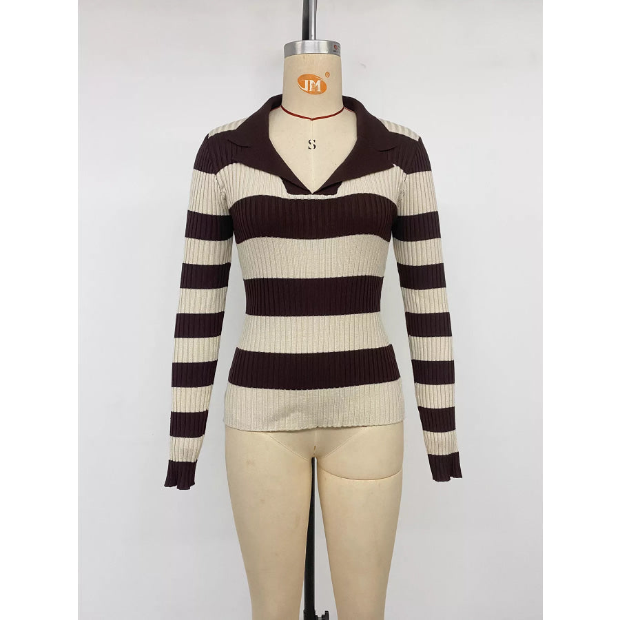 Striped Ribbed Knit Long Sleeve Sweater Apparel and Accessories