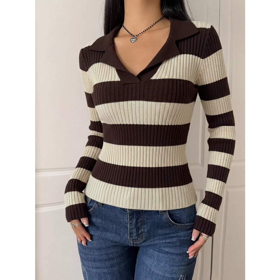 Striped Ribbed Knit Long Sleeve Sweater Apparel and Accessories