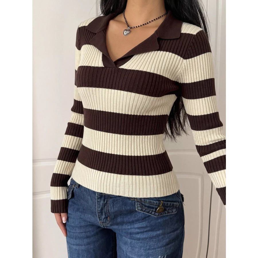Striped Ribbed Knit Long Sleeve Sweater Apparel and Accessories