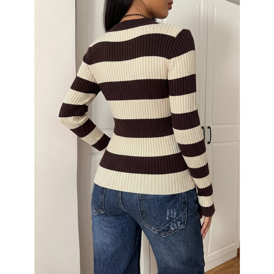 Striped Ribbed Knit Long Sleeve Sweater Apparel and Accessories