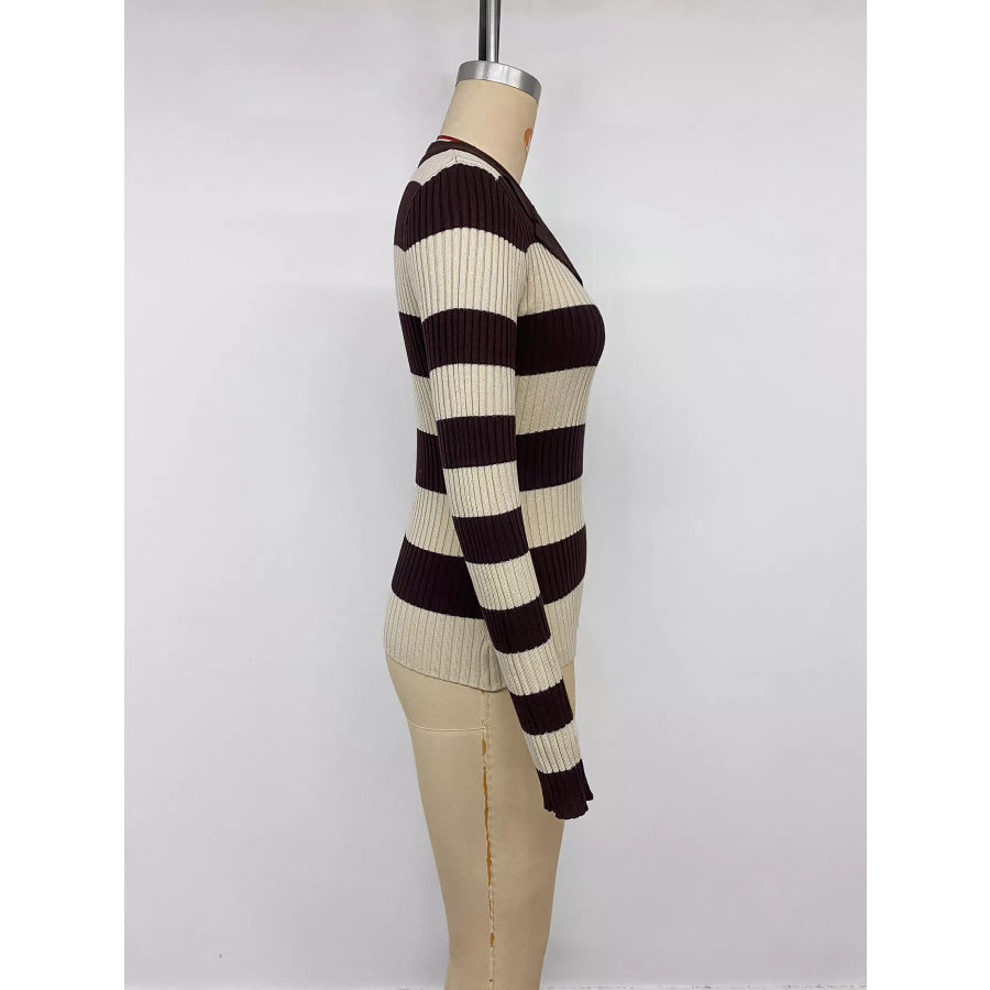 Striped Ribbed Knit Long Sleeve Sweater Apparel and Accessories