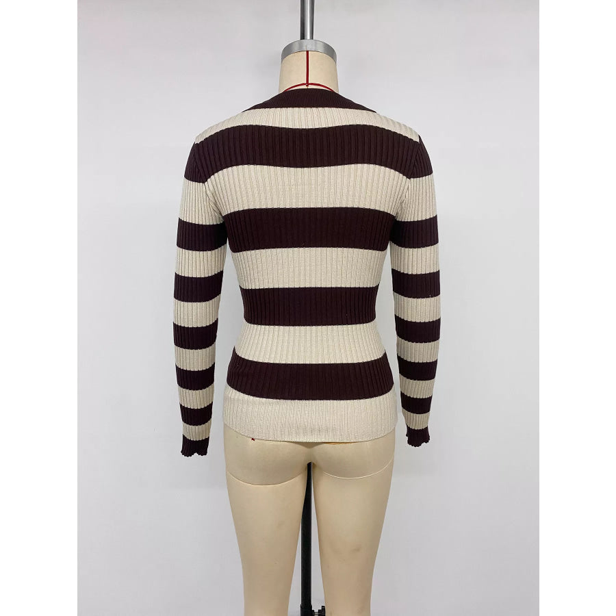Striped Ribbed Knit Long Sleeve Sweater Apparel and Accessories