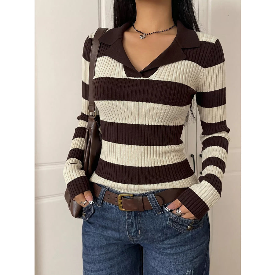 Striped Ribbed Knit Long Sleeve Sweater Apparel and Accessories