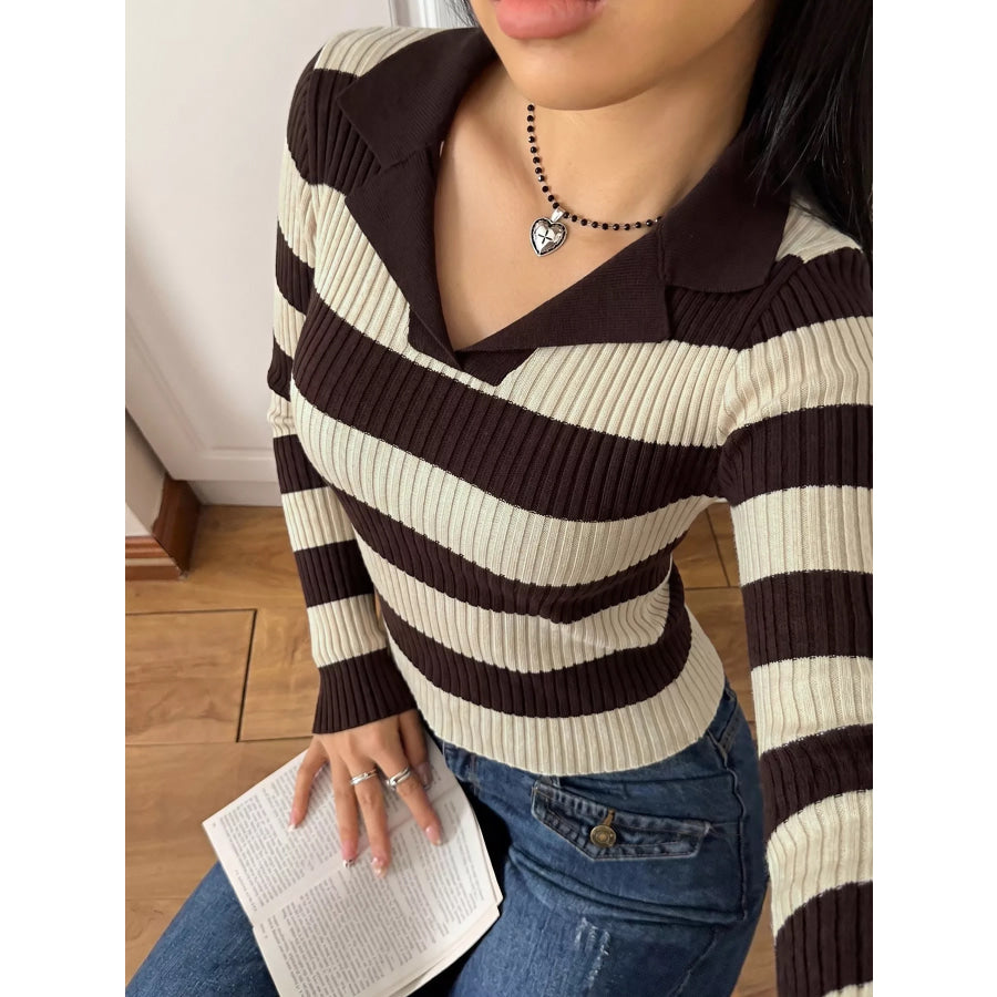 Striped Ribbed Knit Long Sleeve Sweater Coffee Brown / S Apparel and Accessories