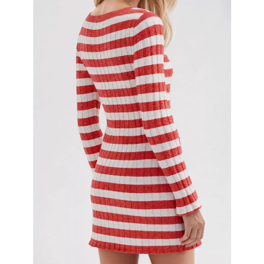 Striped Ribbed Knit Long Sleeve Sweater Dress Apparel and Accessories