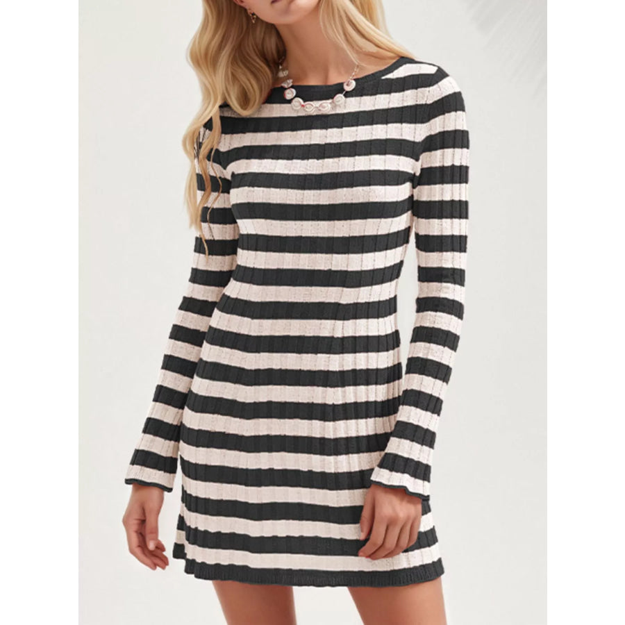 Striped Ribbed Knit Long Sleeve Sweater Dress Black / S Apparel and Accessories