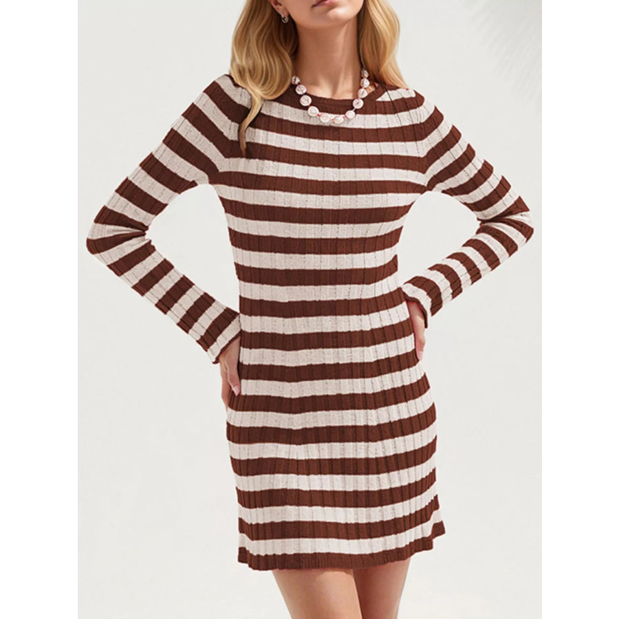 Striped Ribbed Knit Long Sleeve Sweater Dress Brown / S Apparel and Accessories