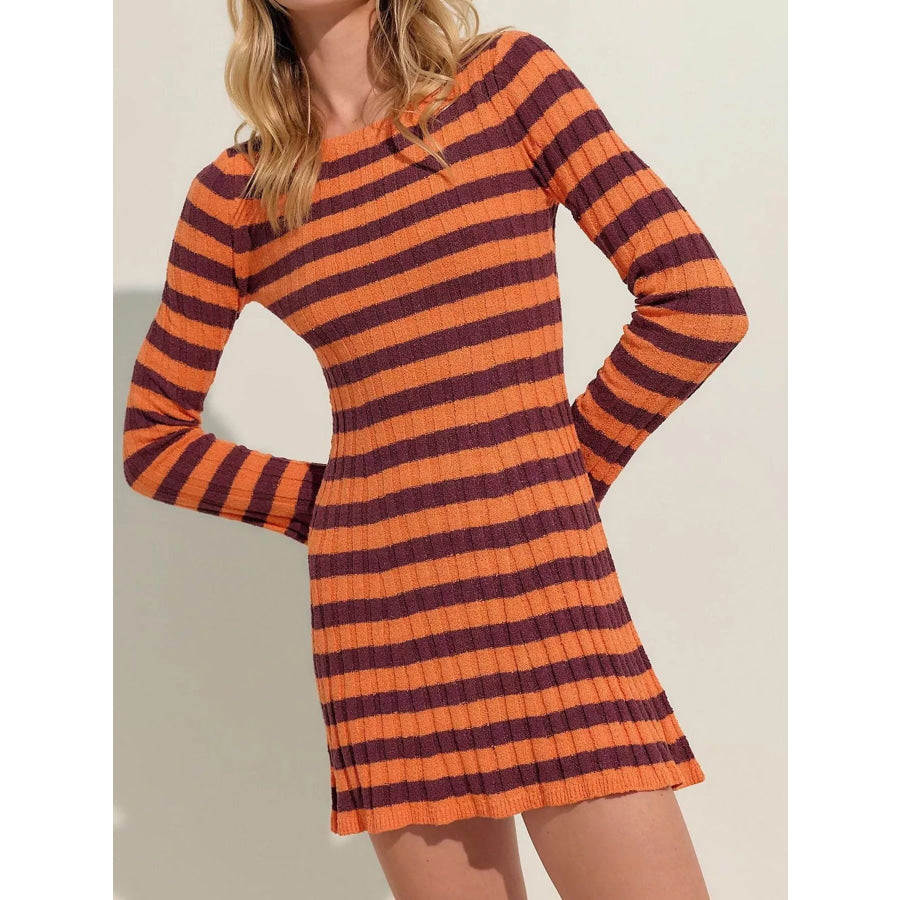 Striped Ribbed Knit Long Sleeve Sweater Dress Orange / S Apparel and Accessories