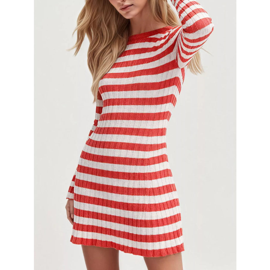 Striped Ribbed Knit Long Sleeve Sweater Dress Red / S Apparel and Accessories