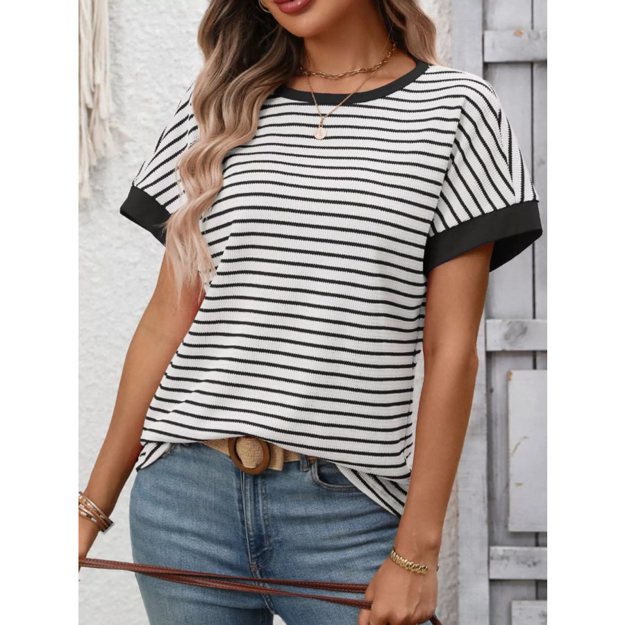 Striped Ribbed Knit Short Sleeve T-Shirt Apparel and Accessories
