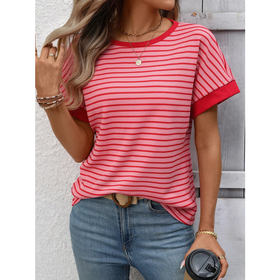 Striped Ribbed Knit Short Sleeve T-Shirt Apparel and Accessories