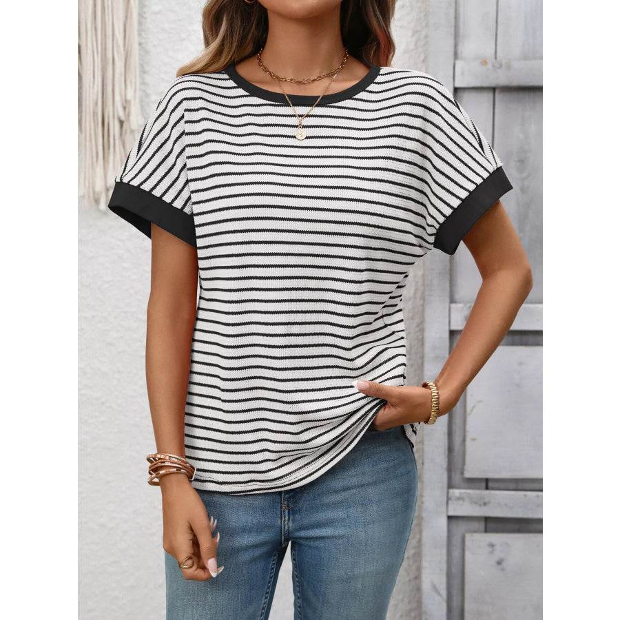 Striped Ribbed Knit Short Sleeve T-Shirt Apparel and Accessories