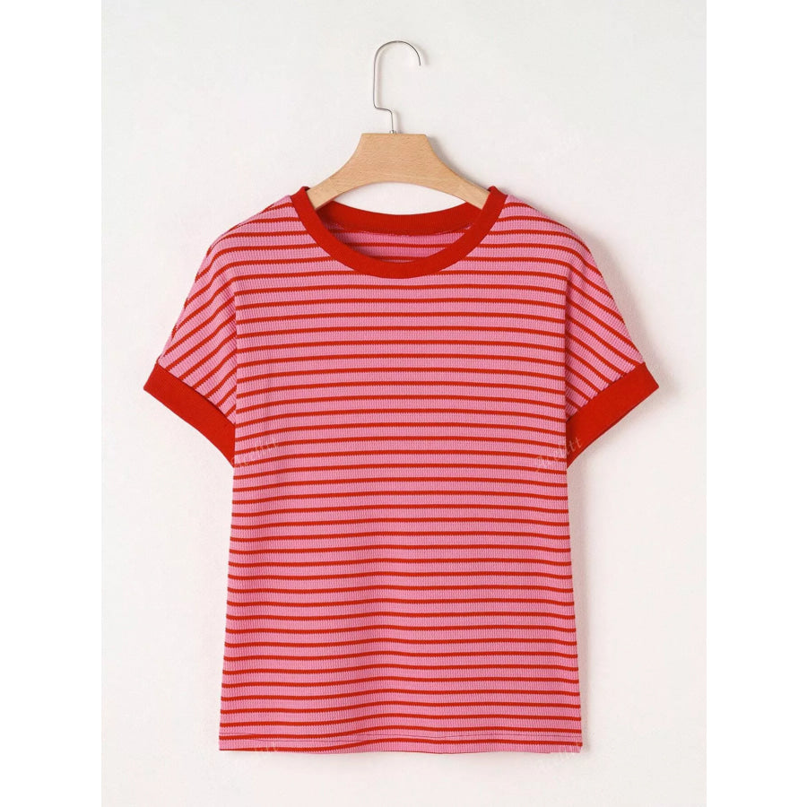 Striped Ribbed Knit Short Sleeve T-Shirt Apparel and Accessories