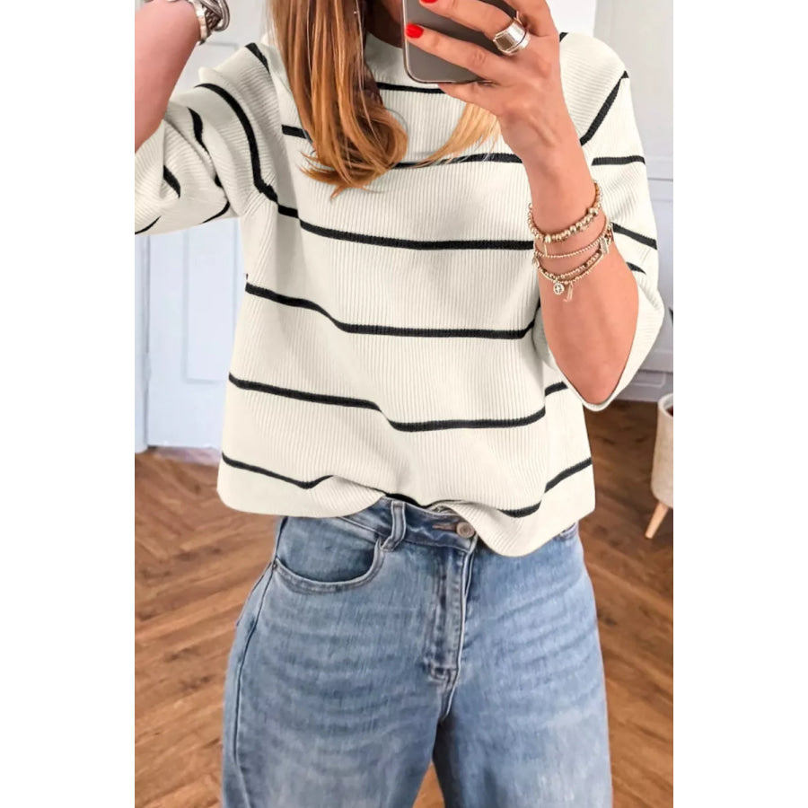 Striped Ribbed Knit Sweater White / S Apparel and Accessories