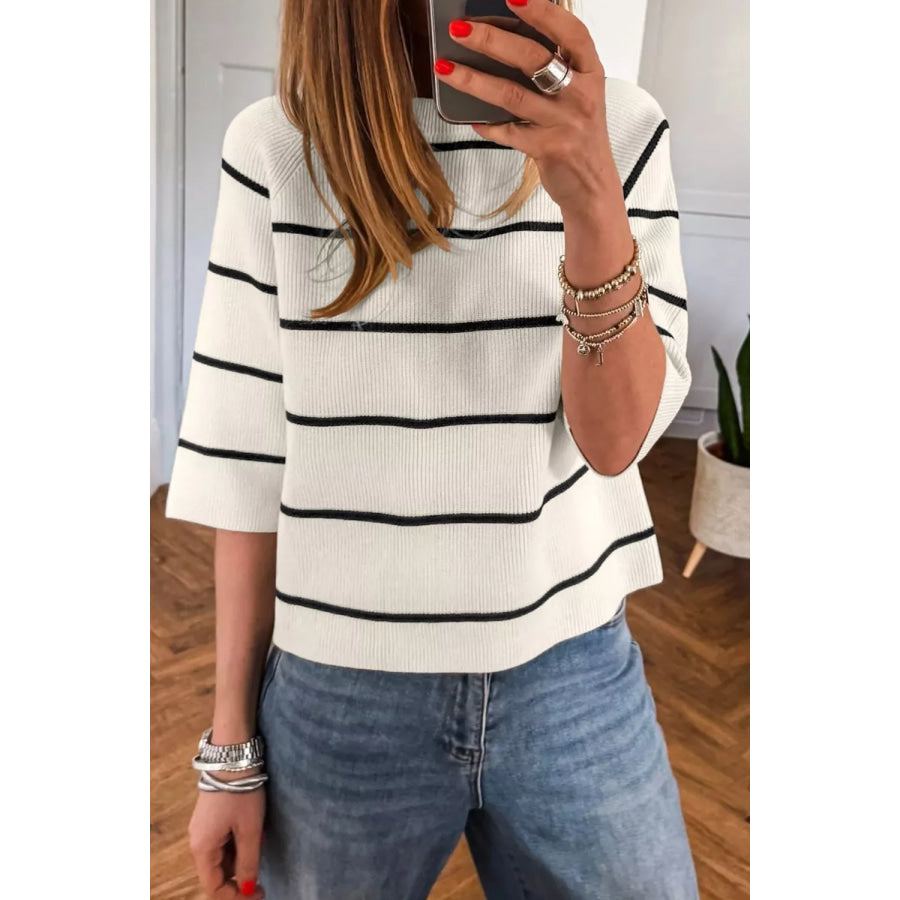 Striped Ribbed Knit Sweater White / S Apparel and Accessories
