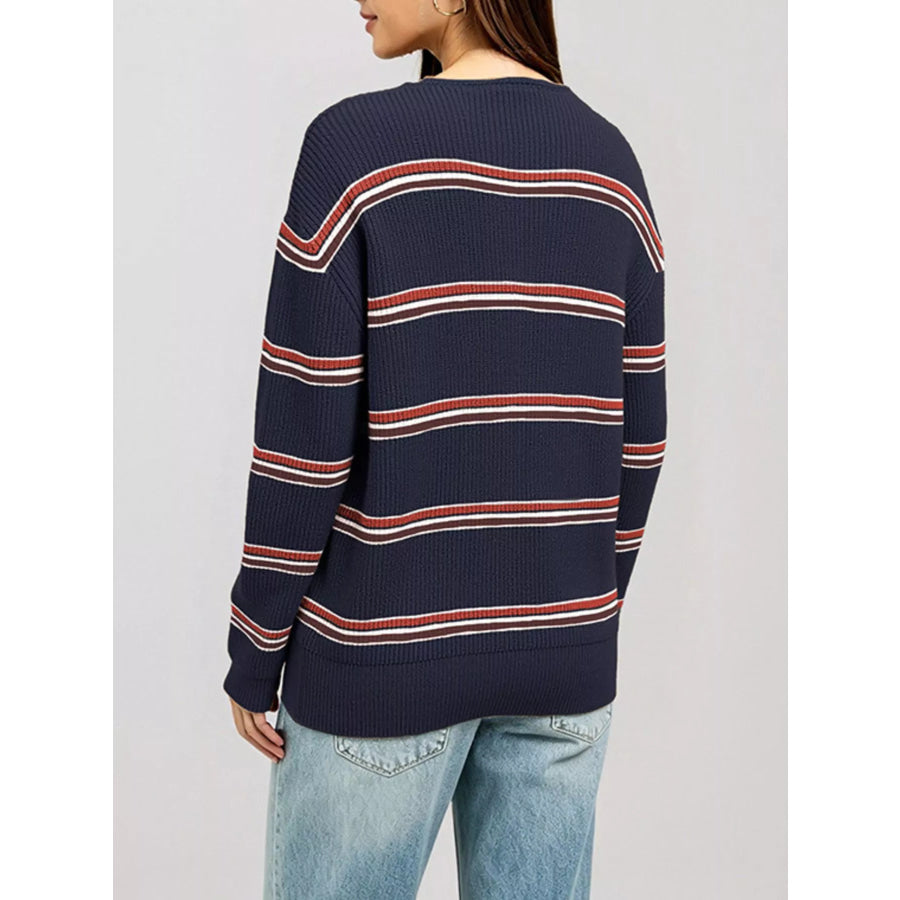 Striped Ribbed Knit Top with Keyhole Neckline Apparel and Accessories