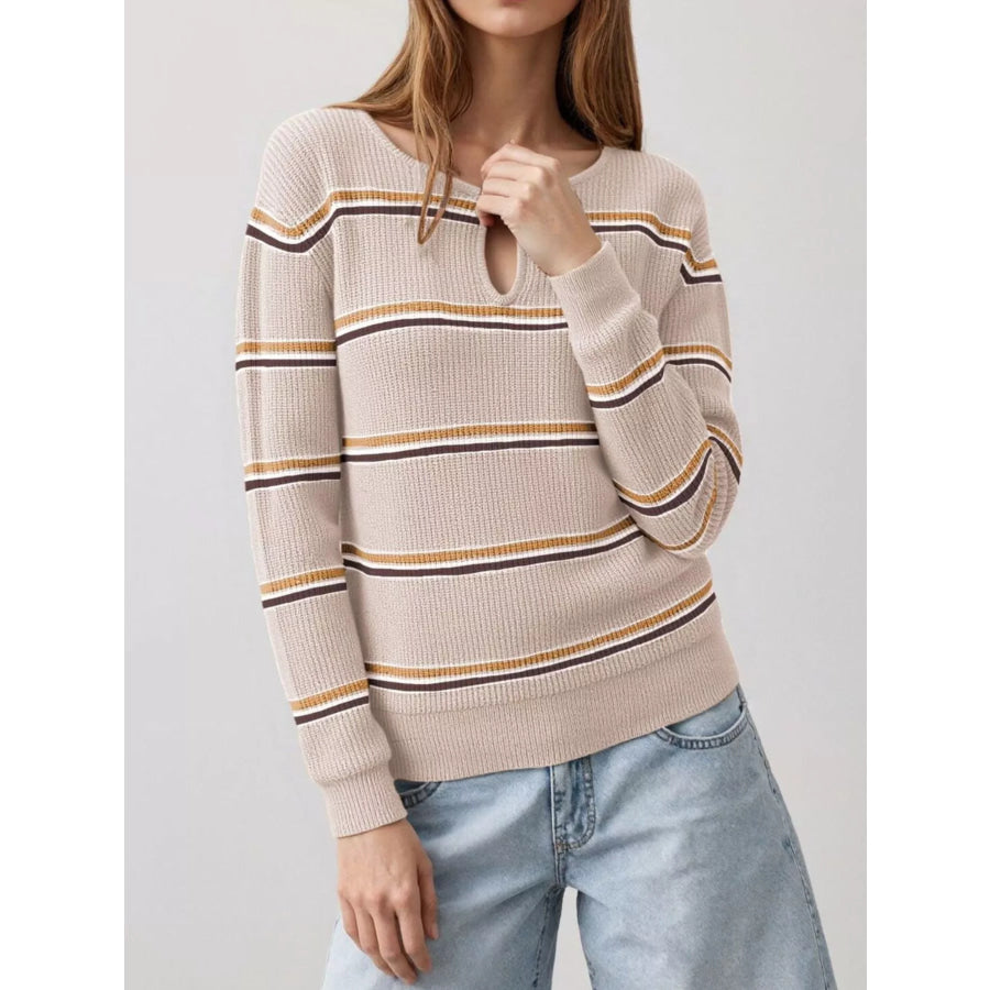Striped Ribbed Knit Top with Keyhole Neckline Apricot / S Apparel and Accessories
